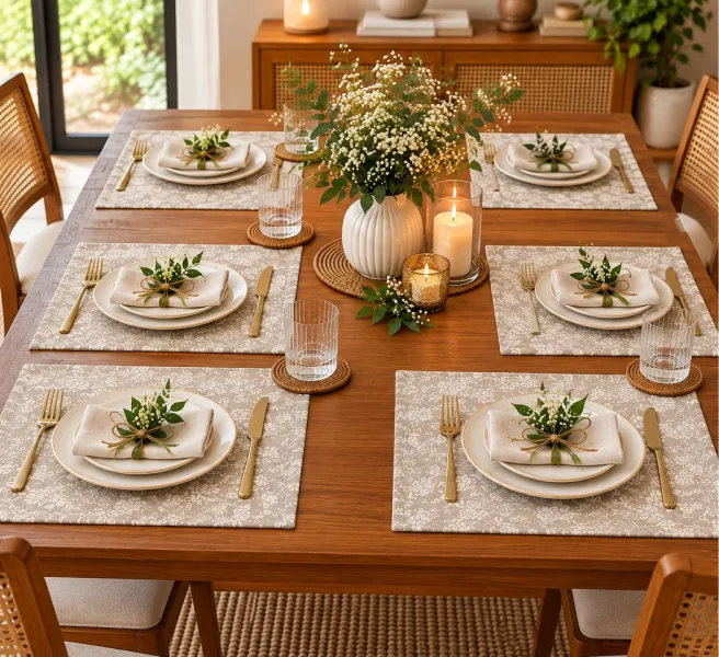 Textured Floral Place Mats – Botanical Design for Dining Table, Set of 6, 13 × 20 Inches